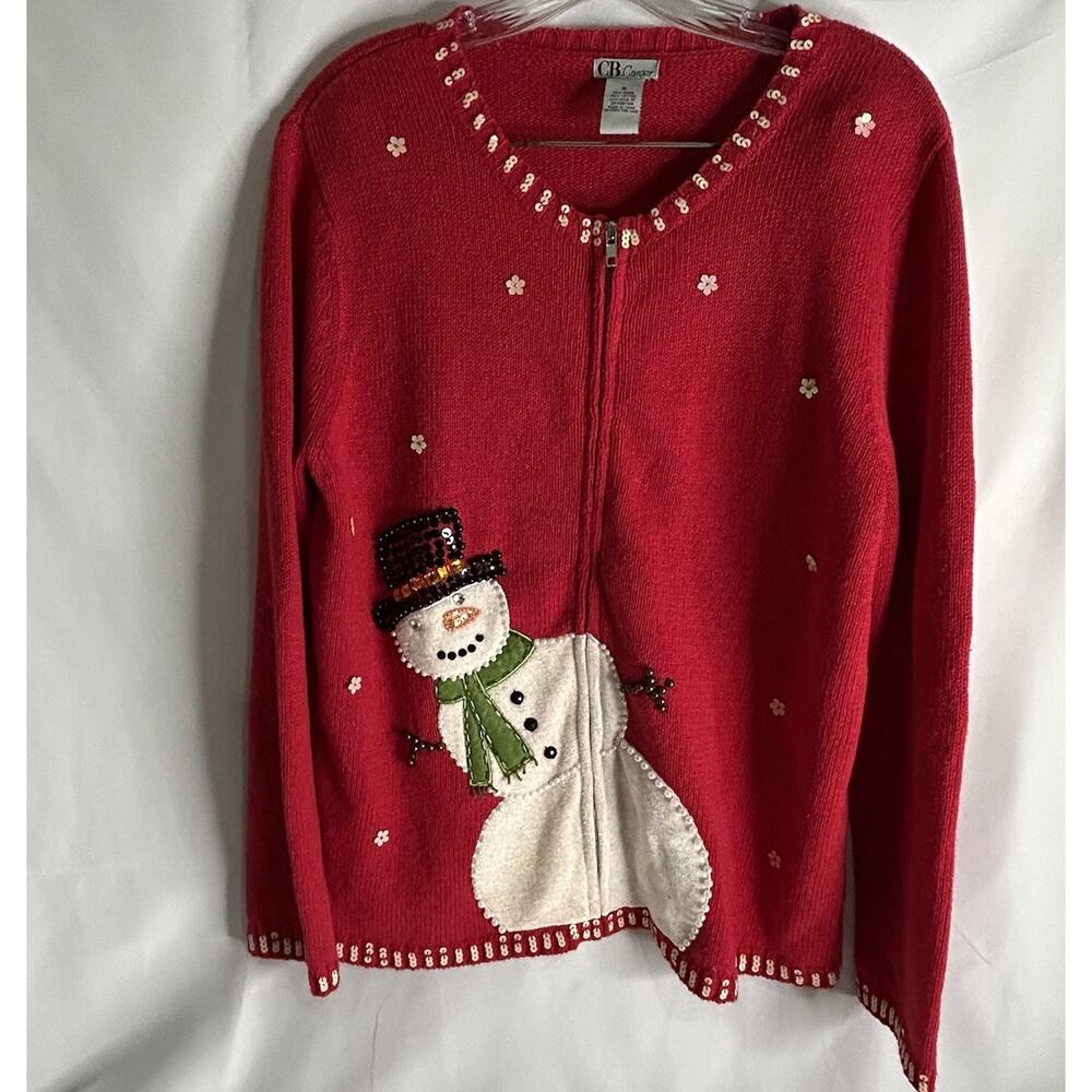 C B Career Womens Medium Snowman Ugly Christmas Sequin Cardigan Sweater Red